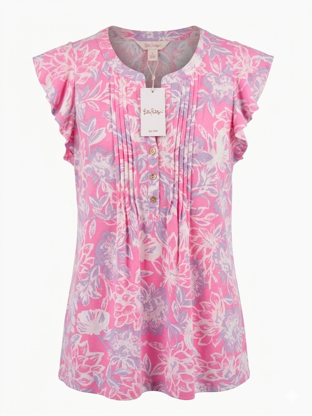 Lilly Pulitzer Golda Top L Rousseau Pink Zen Garden Ruffle Sleeve Cotton NWT $78